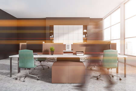 Businessman wearing formal suit is walking inside office room interior with panoramic window with...