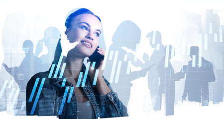 Businesswoman wearing jeans jacket is talking on smartphone. Silhouette of business people and...