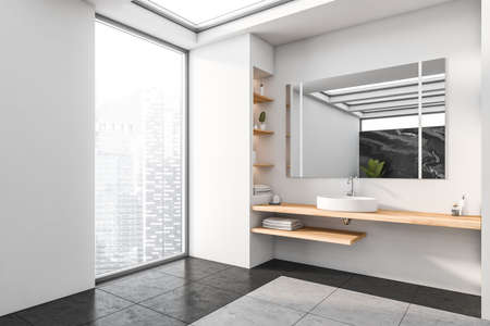Bright bathroom interior with large mirror, concrete floor, panoramic window with city skyscraper view. Concept of hygienic and spa procedures for health. 3d renderingの写真素材