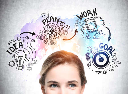 Businesswoman is standing in front of concrete wall with sketch with light bulb, message, smartphone, brain, dollar, rocket. Concept of thinking for creative idea for successful business strategyの写真素材