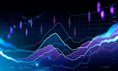 Financial rising graph and chart with lines and numbers that illustrate stock market behavior. Concept of successful trading. Dark blue background. 3d renderingの写真素材