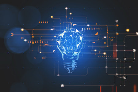 Technological syberspace with futuristic geometric white bulb and surrounding orange wireframe over...