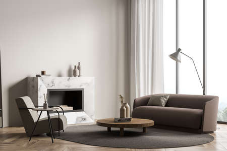 Living room interior with empty wall, armchair, sofa, fireplace, coffee table, panoramic window and...