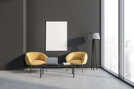 Dark living room interior with white empty poster on black wall, panoramic window, two armchair,...