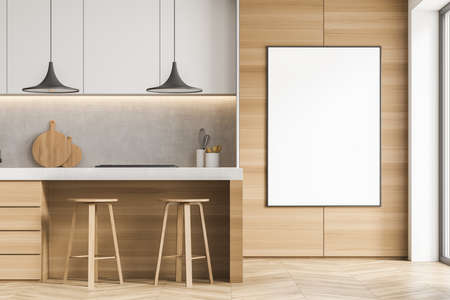 Empty canvas on the wood kitchen cabinet doors. Modern interior design with a breakfast bar, two stools, two pendant lamps and a parquet floor. Mock up. A concept of modern house design. 3d renderingの写真素材