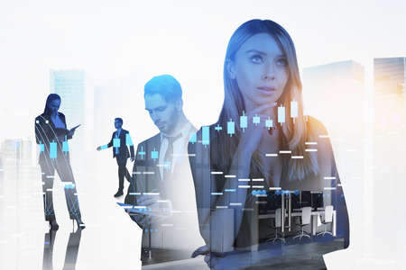 Businesswoman and businessman wearing formal suit work together taking notes in notebook. Forex candlestick in foreground. Singapore city in the background. Concept of teamwork and cooperationの写真素材