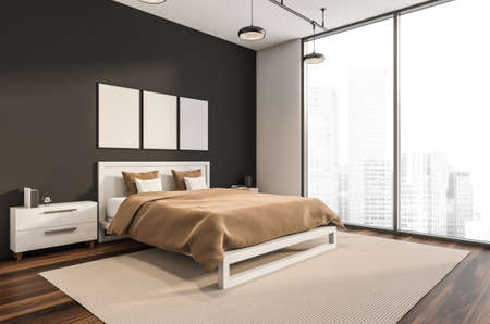 Dark bedroom interior with three empty white posters, panoramic window, large bed, bedsides with books and oak wooden floor. Concept of minimalist design for chill and relaxation. Mock up 3d renderingの写真素材