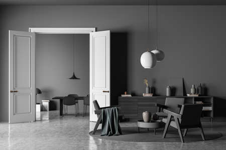 Dark living room interior with three armchairs, chairs, table, carpet, doors, coffee table, sideboard and concrete floor. Concept of minimalist design for chill and relaxation. 3d renderingの写真素材
