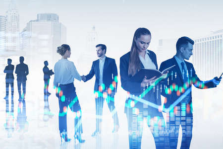 Businessman wearing formal suit is shaking hands with businesswoman. New York city skyscraper in the background. Financial graph and forex candlestick in the foreground. Concept of deal and agreementの写真素材