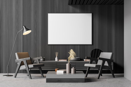 Empty horizontal canvas over two armchairs, standing in the living room interior with dark wood walls and gray concrete flooring. Mock up. A concept of modern house design. 3d renderingの写真素材