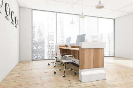 White office lobby with a double seaters front desk, pendant lamps, clocks showing world time and floor-to-ceiling windows. Wood flooring. 3d renderingの写真素材