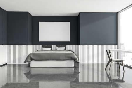 Interior design of trendy bedroom in gray and blue shades. Concrete floor, comfortable bed, horizontal canvas and table next to panoramic window. A concept of a modern hotel. 3d renderingの写真素材