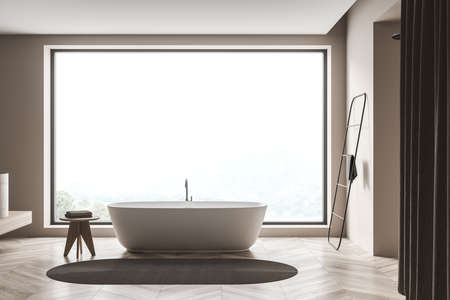 Side view on bright bathroom interior with bathtub, shower, panoramic window with countryside view, carpet and wooden parquet floor. Concept of hygienic and spa procedures for health. 3d renderingの写真素材