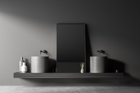 Dark bathroom interior with two sinks, mirror, vase, concrete floor and faucet. Concept of hygienic and spa procedures for health. 3d renderingの写真素材