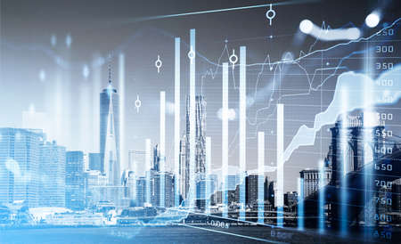 New York city skyscraper downtown panoramic view. Financial chart with graph and lines, bar diagrams...