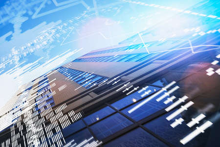 City skyscraper financial downtown with forex candlestick and chart with graph and bar diagram in...