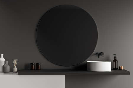 Bathroom with sink and large round mirror on gray wall, bath accessories. Modern stylish bathing room interior with washbasin, gels and soap, 3D renderingの写真素材