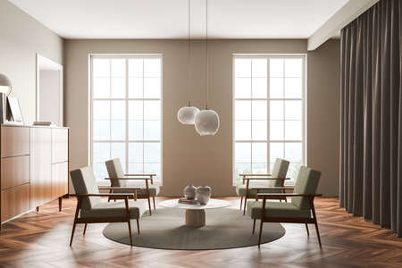 Light green living room interior with four armchairs, two windows, on trend pendant lamps,...