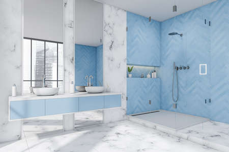 Corner view of shower room interior with niche shelf in galss shower cabin, modern vanity with two vertical mirrors and blue parquet style wall tiles. Marble-look design. 3d renderingの写真素材