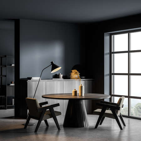Corner of the blue and gray living room interior with dark wood furniture. Table, two easy armchairs, sideboard, floor lamp and concrete flooring. A concept of modern on trend design. 3d renderingの写真素材