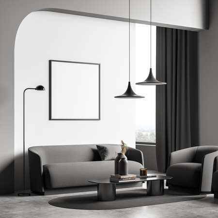 Corner of on trend living room interior with empty mockup square frame and white and gray design....
