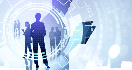 Group of silhouettes of business people are working together in one company. New York and Singapore...