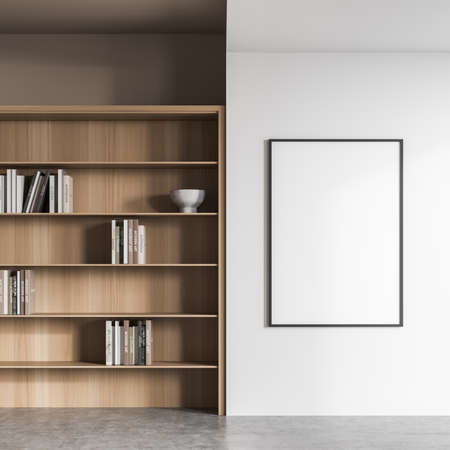 Empty frame on the white living room wall, a bookcase and a concrete floor. A concept of a sparse interior with the empty mockup for your design. 3d renderingの写真素材