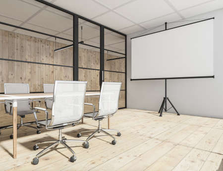 Corner of the white meeting room with a flip chart, a glass partition wall, linear lights in a corridor and light wood flooring. A concept of a modern discussion area design. 3d renderingの写真素材