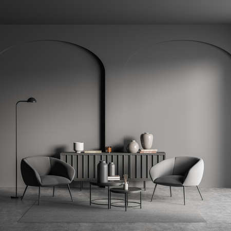Gray living room interior with two chairs and commode with art books on concrete floor. Minimalist relaxing room with coffee table. Mockup copy space blank wall, 3D renderingの写真素材
