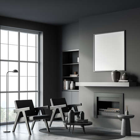 Gray living room interior with two armchairs and coffee table, lamp and library with fireplace, window with countryside. Relax space with mockup copy space frame, 3D renderingの写真素材