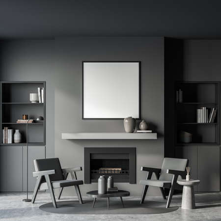 Gray living room interior with two armchairs and coffee table, lamp and library with fireplace. Reading space with mockup copy space frame, 3D renderingの写真素材