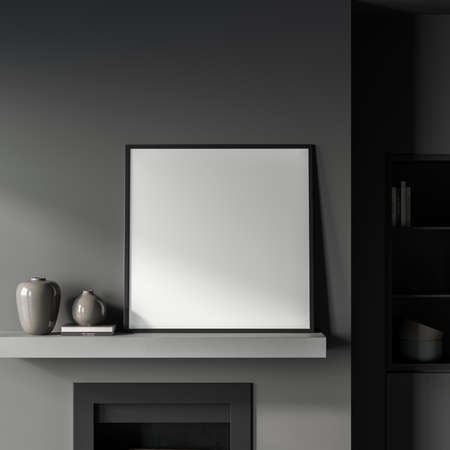 Exhibition room interior with library and books, decoration with vase and fireplace. Blank square poster mock up on gray wall, 3D renderingの写真素材