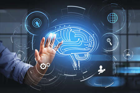 Businessman wearing blue shirt is touching hologram with his hand. Digital interface with icons of...