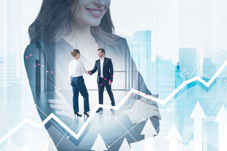 Office woman with arms crossed, woman and man shaking hands in office room. Double exposure with white growing market arrows. Concept of business agreement and dealの写真素材