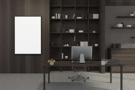 Canvas in personal office interior with furniture set made of walnut wood and beige wall tied up...