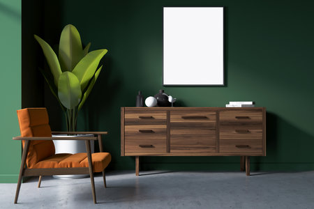Green living room interior with orange armchair and wooden commode with decoration, concrete floor, plant in the corner. Blank frame copy space, 3D renderingの写真素材
