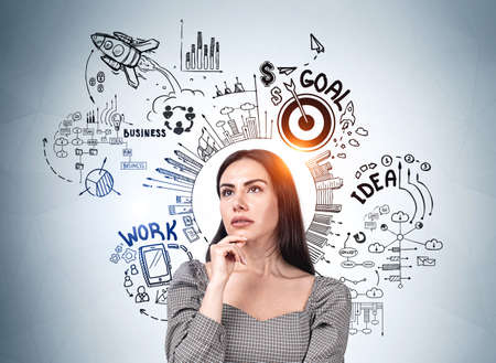 Businesswoman with hand to chin, pensive look. Drawing of business sketch plan, black business...