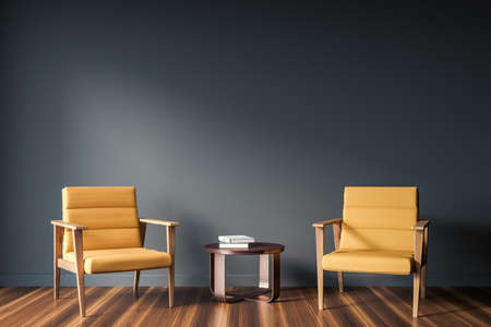 Guest room interior with two orange chairs and coffee table on parquet floor. Minimalist relaxing room with vintage furniture. Mockup copy space blank wall, 3D renderingの写真素材