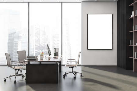 Office interior with canvas on white wall, floor to ceiling window, manager desk, rolling chairs and gray concrete floor. Concept of modern panoramic building design. Mock up. 3d renderingの写真素材