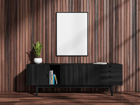Living room art interior with black vintage commode with books and plant, parquet floor. Blank poster mock up on wooden wall, 3D renderingの写真素材