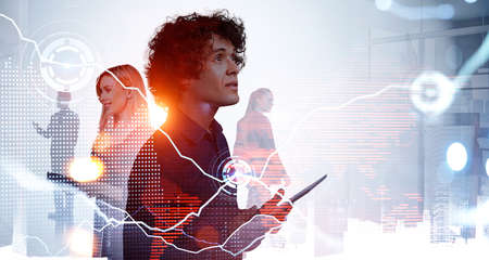 Office people with devices in hands, red earth map double exposure. City buildings and market lines...
