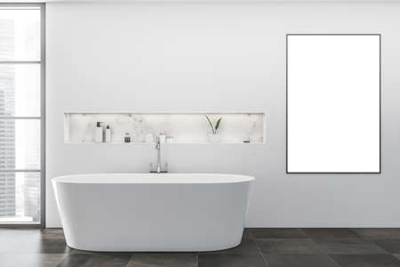 Bright bathroom interior with white empty poster, bathtub, tile concrete floor. Concept of hygienic...