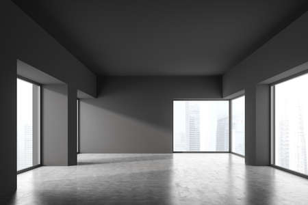 Dark office room interior with panoramic window with view, empty gray wall and concrete floor....
