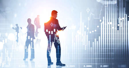 Group of business people work together using smartphone and clipboard with documents. New York city...
