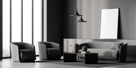 Empty canvas standing on extra long sideboard in panoramic grey living room interior with two pendant lamps and concrete floor. Corner view. Mock up. Concept of on trend design. 3d renderingの写真素材