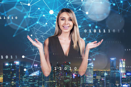 Attractive blonde business woman does not know how to protect corporate information in international...
