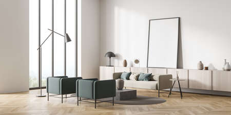 White living room interior with empty canvas standing on extra long sideboard, two green armchairs,...