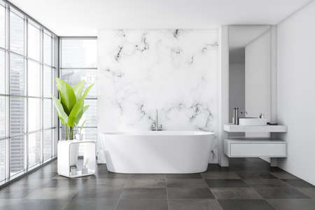Bright bathroom interior with white bathtub, sink, mirror, tile concrete floor, panoramic window...