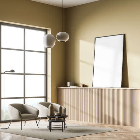 Art room interior with two armchairs and drawer with decoration and mirror, panoramic window with...