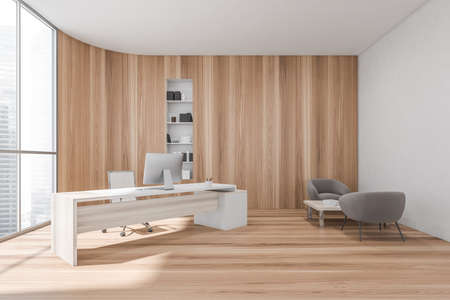 Light wooden manager room interior with white table and desktop, two armchairs with coffee table,...